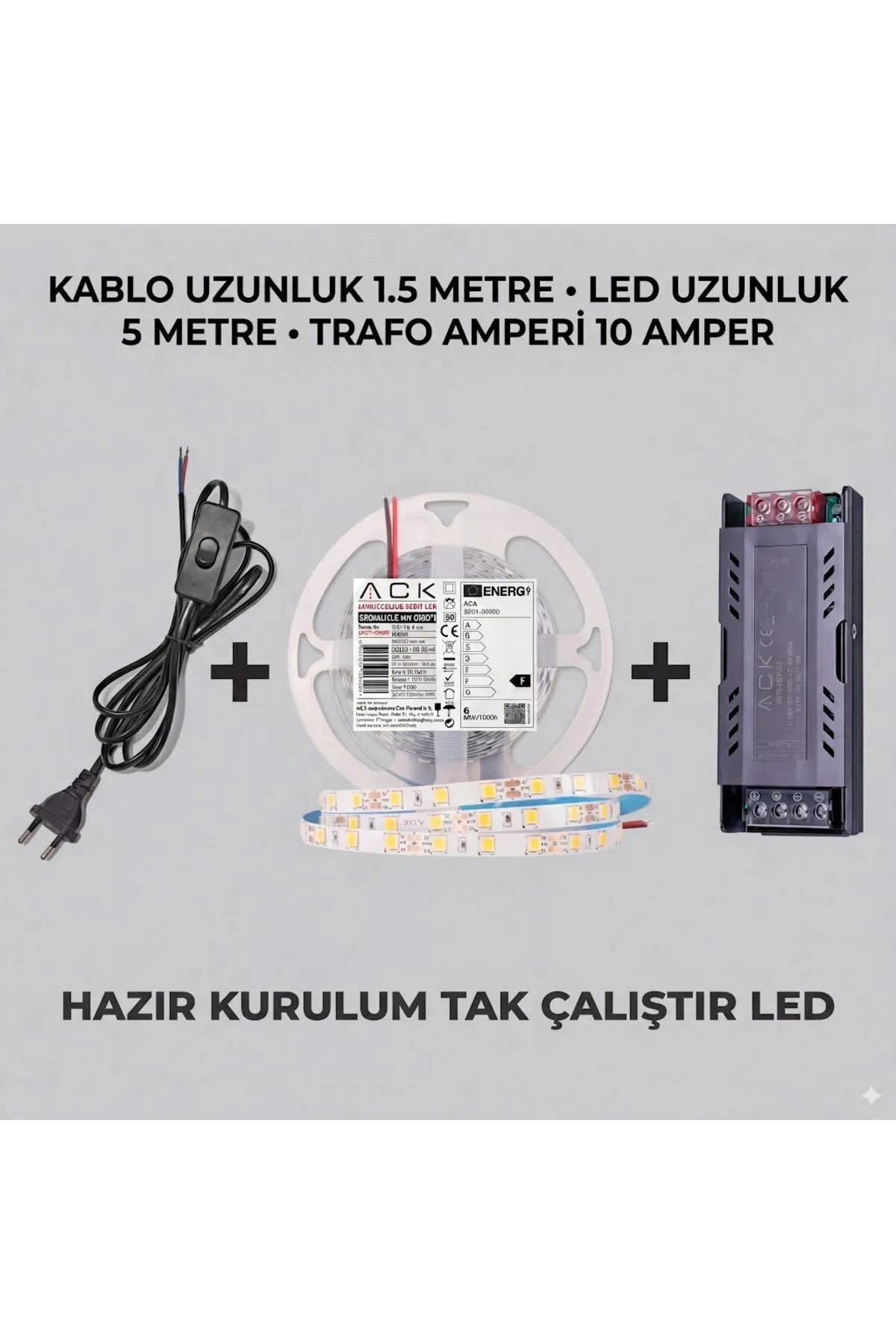 5 METRE GÜNIŞIĞI ŞERİT LED AYDINLATMA SETİ - 10A TRAFO + 1.5M FİŞLİ KABLO - HAZIR TAK ÇALIŞTIR
